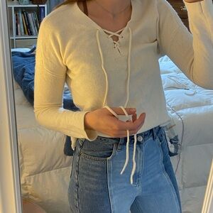 Women's Cream Lace-Up Sweater Top Mega Soft